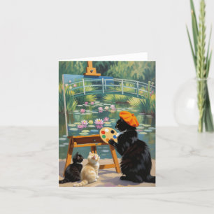 Black Kitty Artist Painting Monet Water Lilies Letterpress Thank You Card