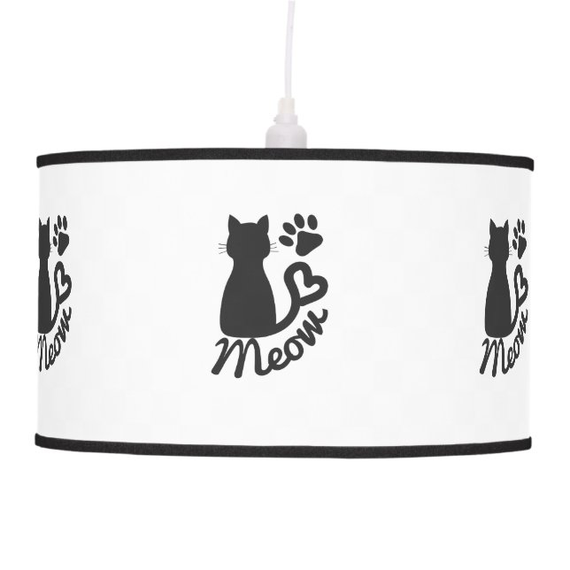 Black Kitty Cat and "Meow" Paw Print Ceiling Lamp (Front)