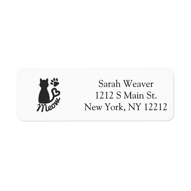 Black Kitty Cat and "Meow" Paw Print Label (Front)