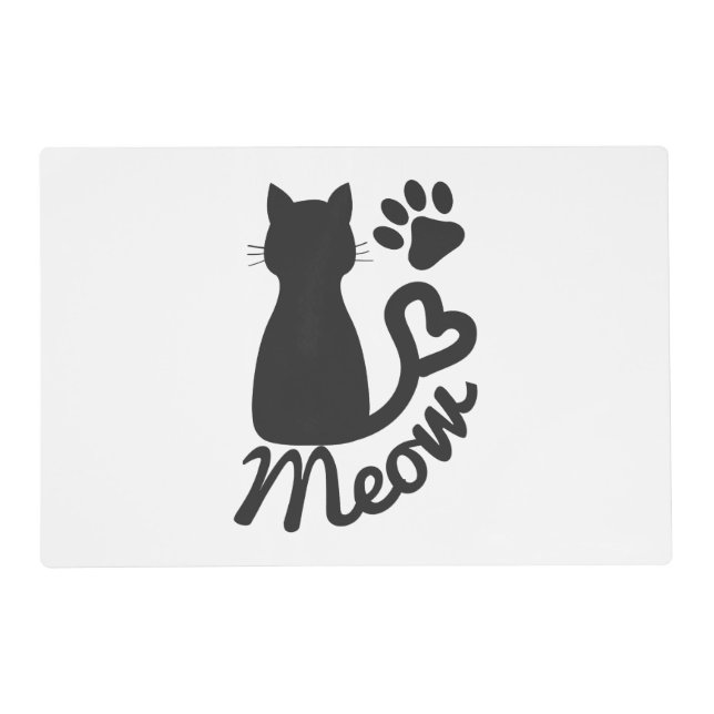 Black Kitty Cat and "Meow" Paw Print Placemat (Front)