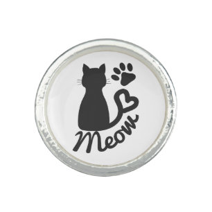 Black Kitty Cat and "Meow" Paw Print Ring
