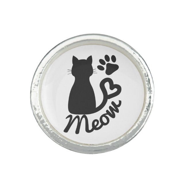 Black Kitty Cat and "Meow" Paw Print Ring (Front)