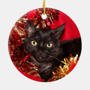 Black kitty cat Christmas Ceramic Ornament