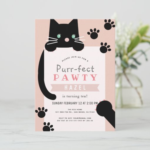 Black Kitty Cat Girl Pink Birthday Invitation | Zazzle