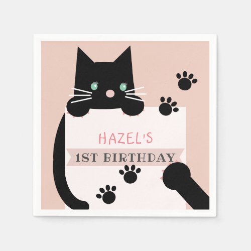 Black Kitty Cat Girl Pink Birthday Napkins