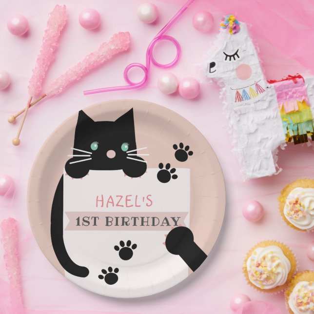 Black Kitty Cat Girl Pink Birthday Paper Plates (Party)