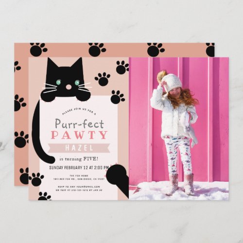 Black Kitty Cat Girl Pink Photo Birthday Invitation