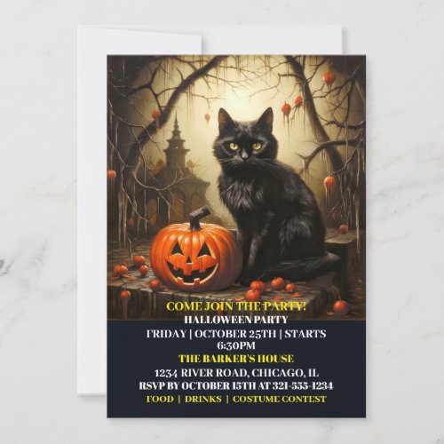 Black Kitty Cat Halloween Bash Invitations