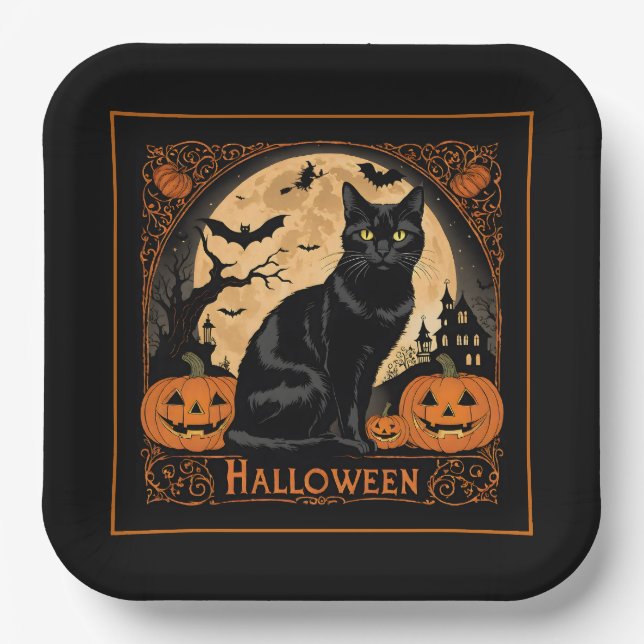 Black Kitty Cat Halloween Paper Plates (Front)