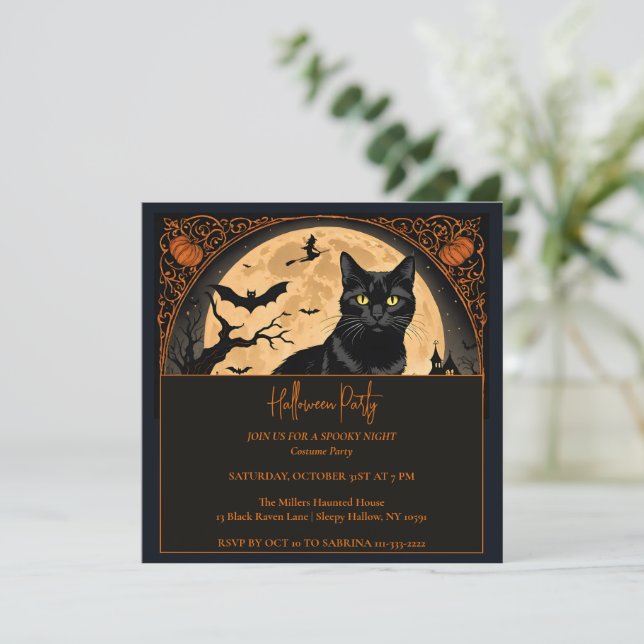 Black Kitty Cat Halloween Party Invitation (Standing Front)