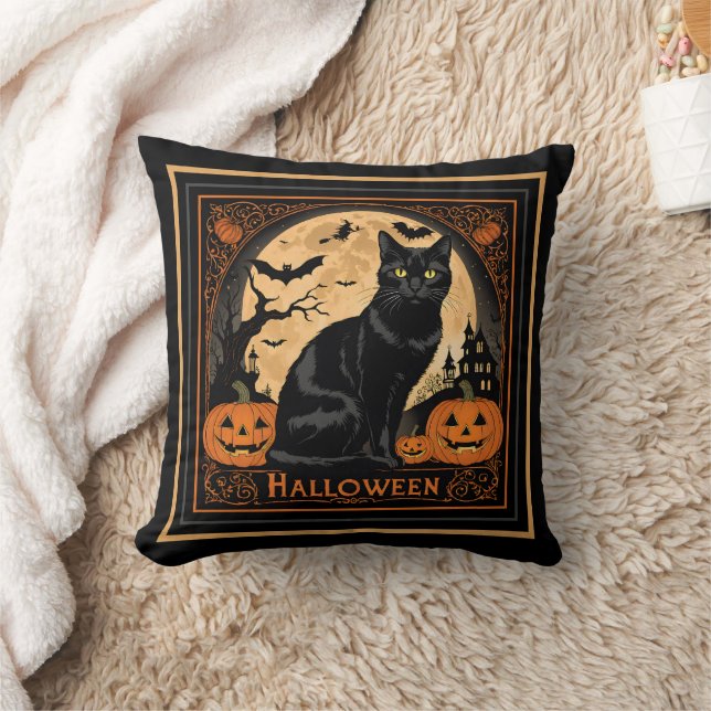 Black Kitty Cat Halloween Throw Pillow (Blanket)