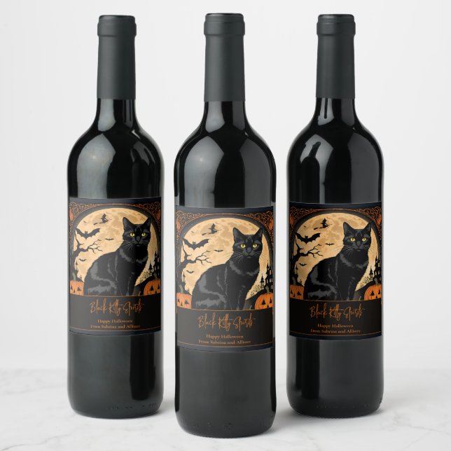 Black Kitty Cat Halloween Wine Label (Bottles)