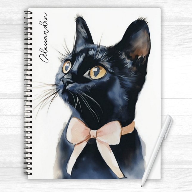 Black Kitty Cat in Peach Bow Personalized Notebook (Cute Black Kitty Cat wearing a peach bow on its neck Personalized Notebook for girls of all ages)