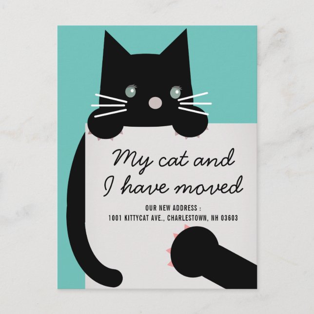 Black Kitty Cat Light Teal Moving Announcement Postcard (Front)