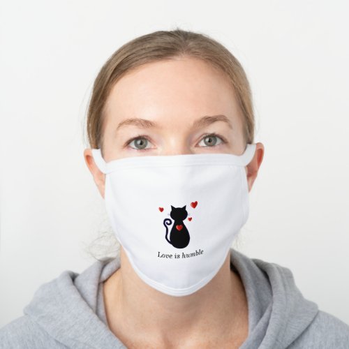 Black kitty cat silhouette hearts  calligraphy white cotton face mask