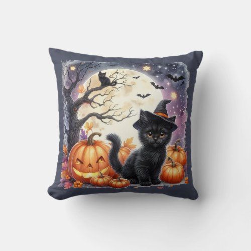 Black Kitty Cat Witch Halloween Throw Pillow