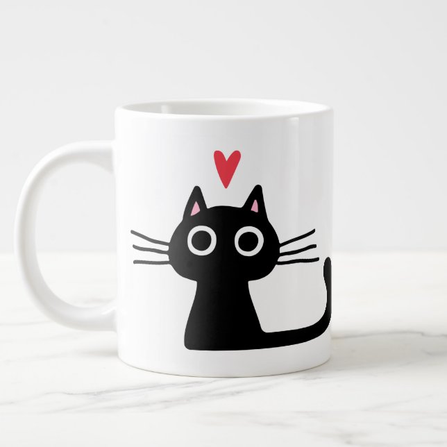 Black Kitty Cat with Valentine's Heart Giant Coffee Mug (Left)