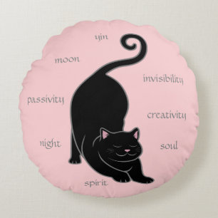 Black Kitty Cat Yoga & Editable Text on Pink Round Pillow