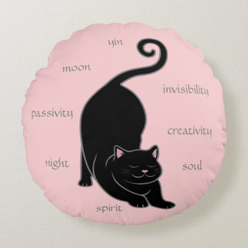 Black Kitty Cat Yoga  Editable Text on Pink Round Round Pillow