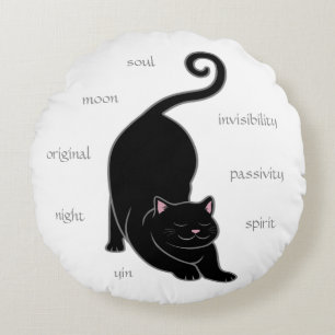 Black Kitty Cat Yoga & Editable Text Round Pillow