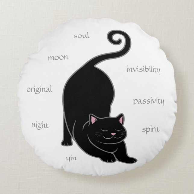 Black Kitty Cat Yoga & Editable Text Round Pillow (Front)