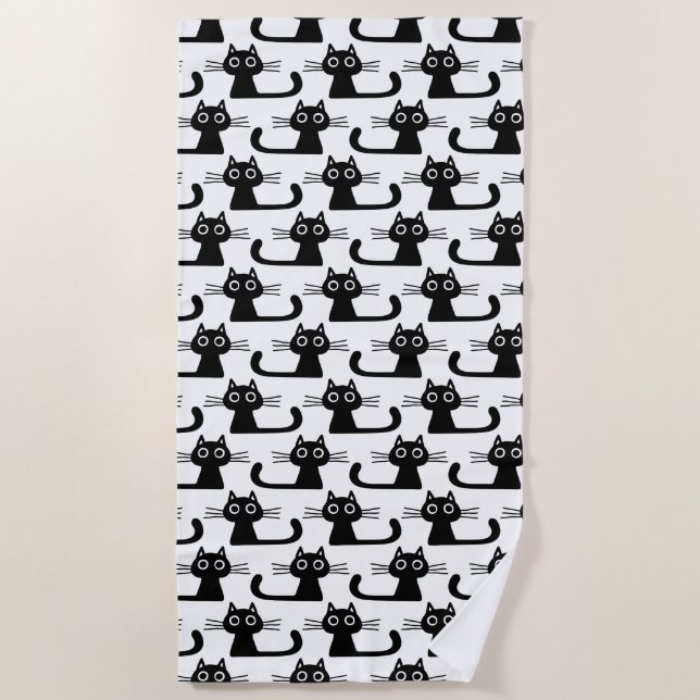Black Kitty Cats Pattern - Fun Feline Animal Lover Beach Towel (Front)