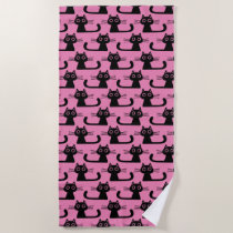 Black Kitty Cats Pattern Pink | Fun Animal Lover's Beach Towel