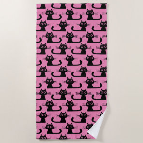 Black Kitty Cats Pattern Pink | Fun Animal Lover's Beach Towel