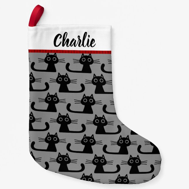 Black Kitty Cats Pattern with Custom Text for Name Small Christmas Stocking (Front)