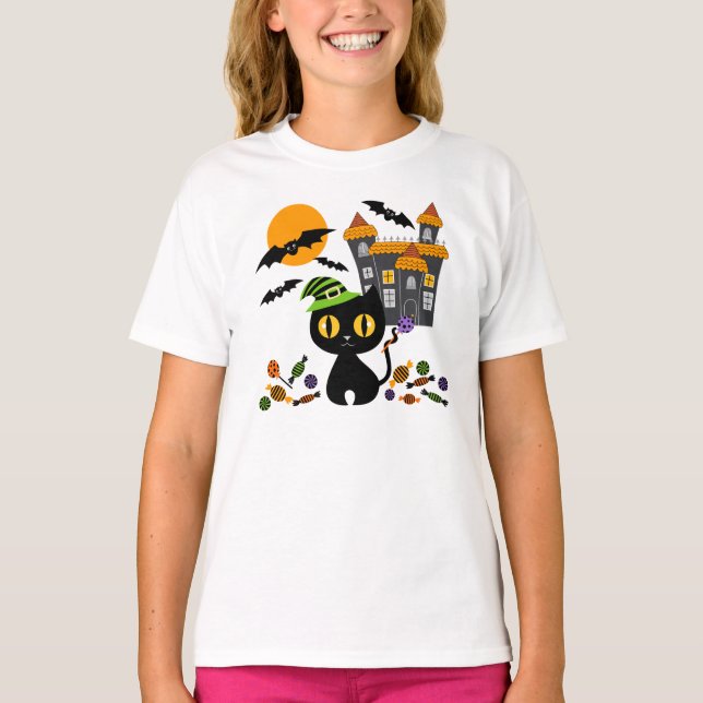 Black Kitty Halloween Girls T Shirts (Front)