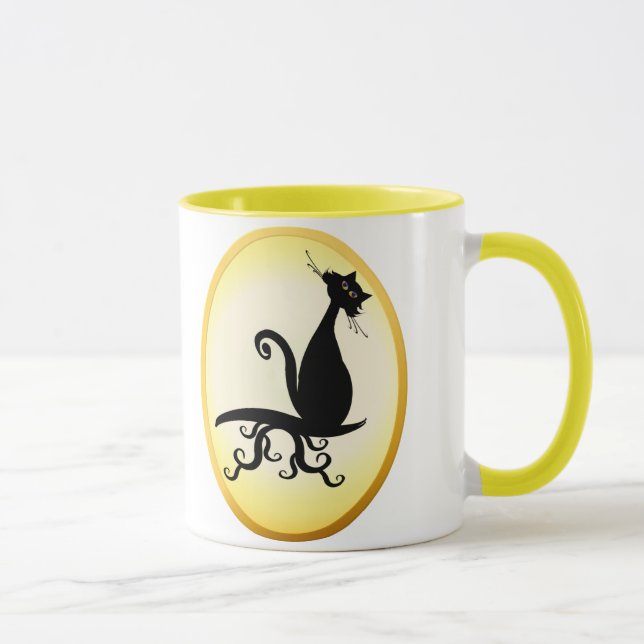 Black Kitty Watching You Oval Mugs (Right)
