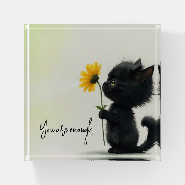 Black Kitty With Yellow Daisy and Quote Paperweight (Front)