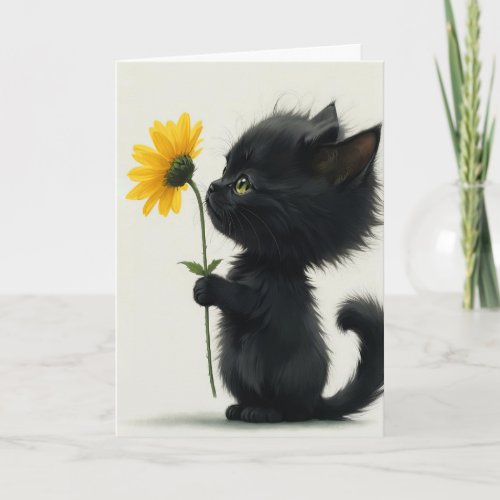 Black Kitty With Yellow Daisy  Card