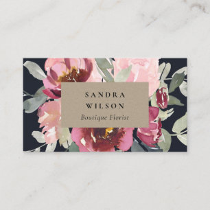 BLACK KRAFT BLUSH BURGUNDY ROSE WATERCOLOR FLORAL BUSINESS CARD