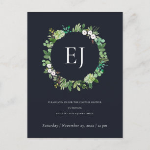 BLACK KRAFT FOLIAGE WREATH MONOGRAM BRUNCH BUBBLY INVITATION POSTCARD