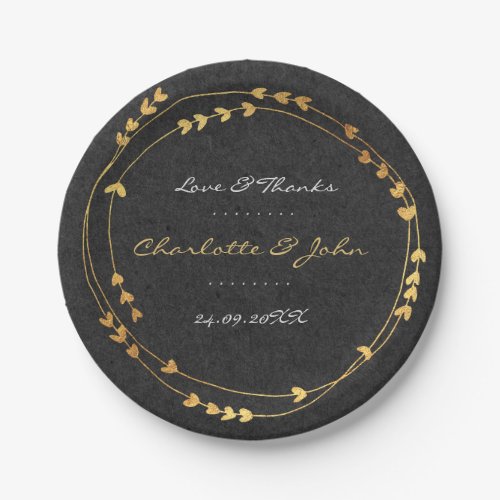 Black Kraft Golden Wreath Heart Wedding Paper Plates