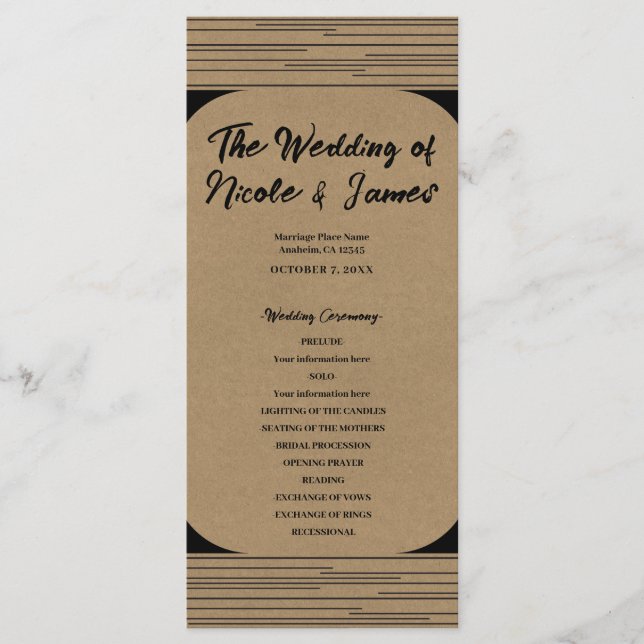 Black Kraft Minimal Modern Lines Wedding Program (Front)
