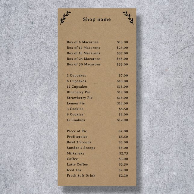 Black, Kraft & Rustic Menu & Price List Rack Card (Black, Kraft & Rustic Menu & Price List Rack Card)