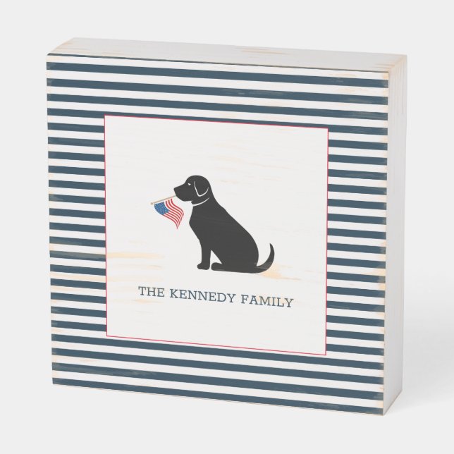 Black Lab American Flag Family Dog NAME Patriotic Wooden Box Sign (Angled Horizontal)