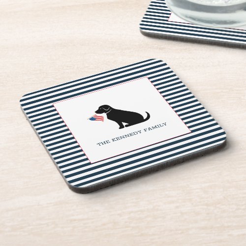 Black Lab American Flag Personalized Family Name  Beverage Coaster