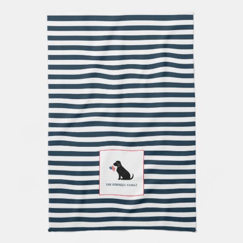 Black Lab American Flag Personalized Family Name  Kitchen Towel