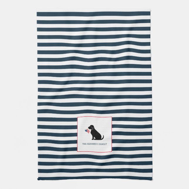 Black Lab American Flag Personalized Family Name  Kitchen Towel (Vertical)