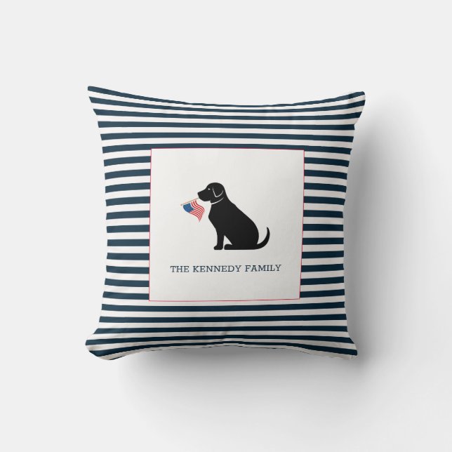 Black Lab American Flag Personalized Family Name  Throw Pillow (Front)