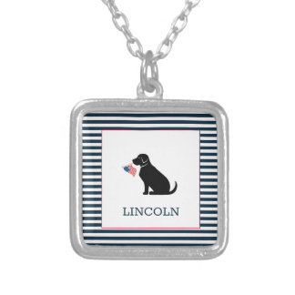 Black Lab American Flag Pet Family Name Patriotic Silver Plated Necklace
