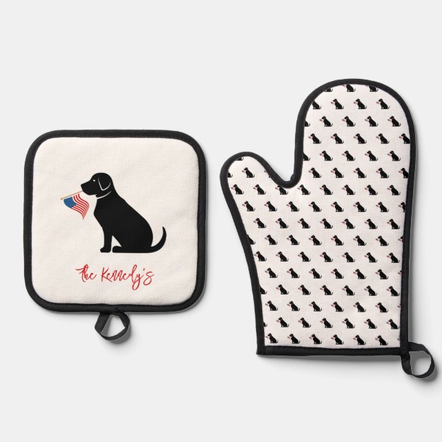 Black Lab American Flag USA Preppy Pet Fun Oven Mitt & Pot Holder Set (Front)