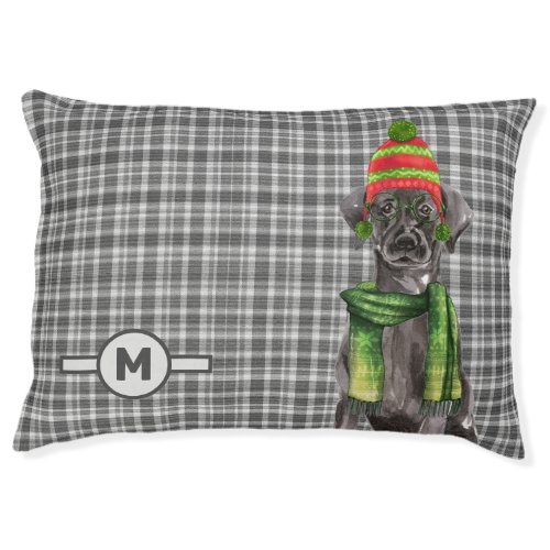 Black Lab and Plaid Dogs Monogrammed Christmas Pet Bed
