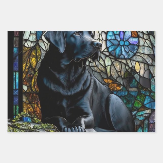 Black Lab Animals Pets Stained Glass Wrapping Pape Paper Sheets (Front)