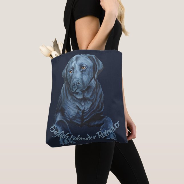 Black Lab Bags Blue Dog Art Tote Bags (Close Up)