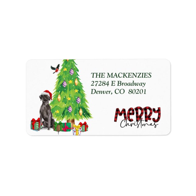 Black Lab, Bird and Christmas Tree Return Address Label (Front)