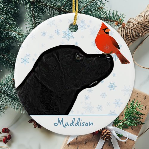 Black Lab Christmas Cardinal _ Cute Labrador Dog Ceramic Ornament
